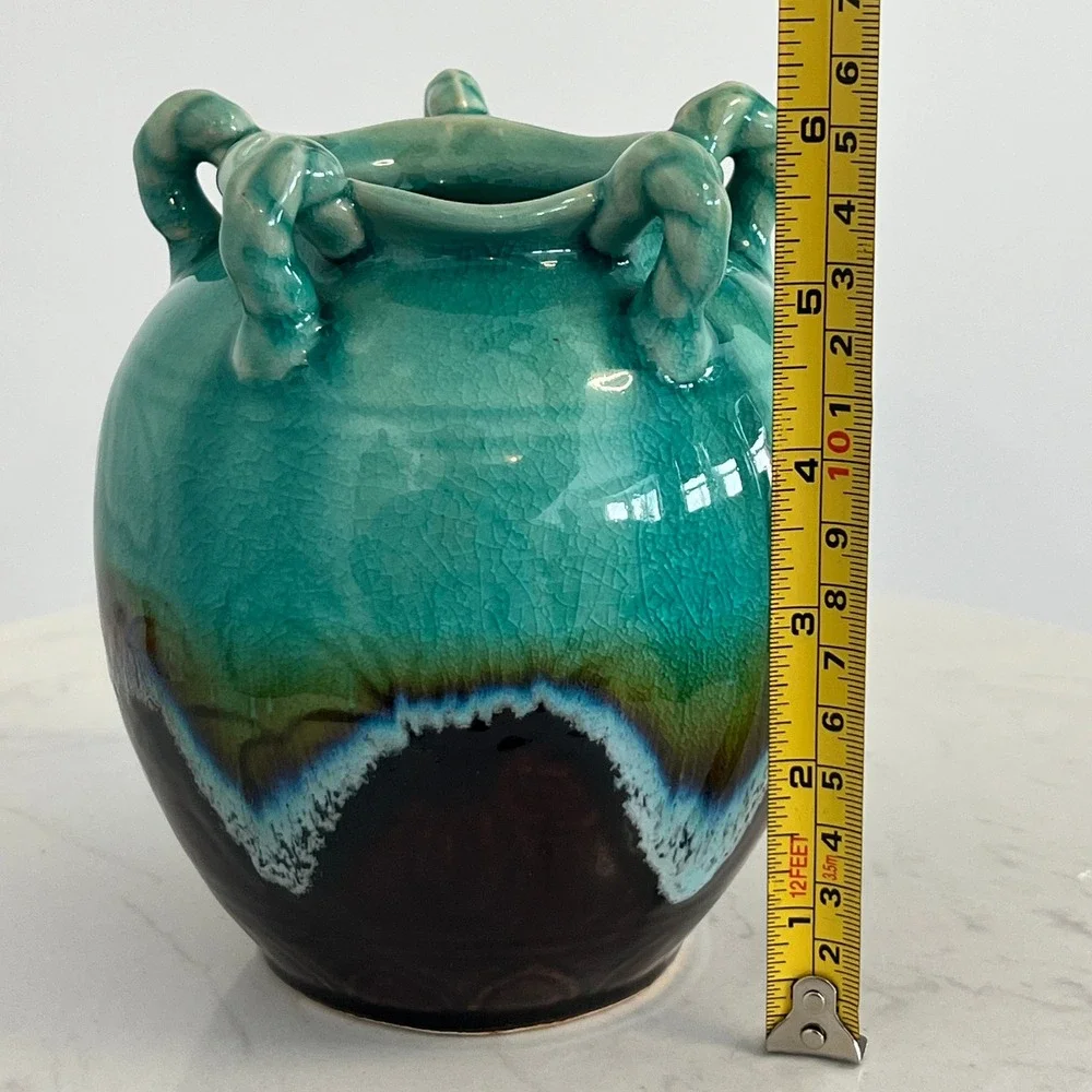 Handcrafted Ceramic Vase‎ Turquoise Glaze Handles Made in Vietnam Home Decore